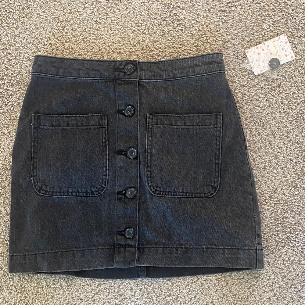 NWT Free People Black Button-Front Denim Skirt 26